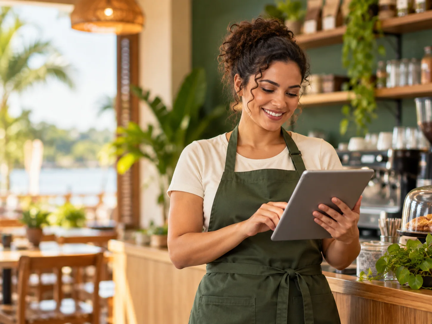 Empreendedora usando um tablet no próprio estabelecimento